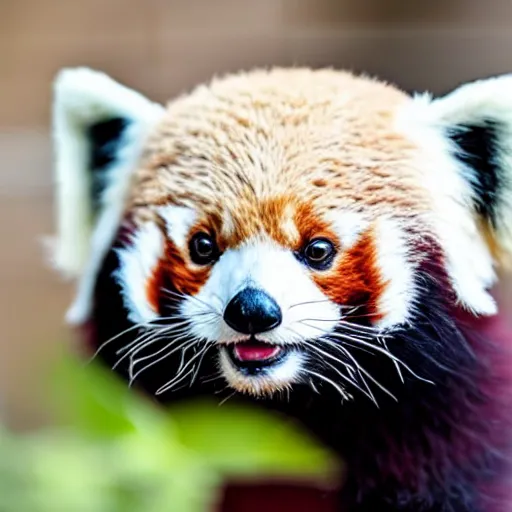 Image similar to portrait photo of a small happy chunky fluffy straw hat wearing red panda, looking into the camera, indoors, f 1. 4, golden ratio, overcast day