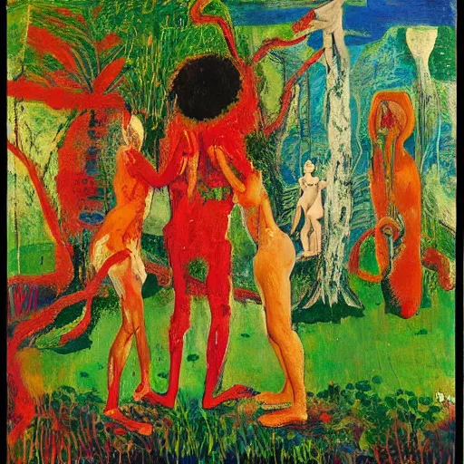 Prompt: a couple in the garden of eden, scared, painted by Asger Jorn, Peter Doig, abstract oil paint with thick brushstrokes of paint, ultra detailed, realistic, small spot of thick melting paint drips all over, 8k