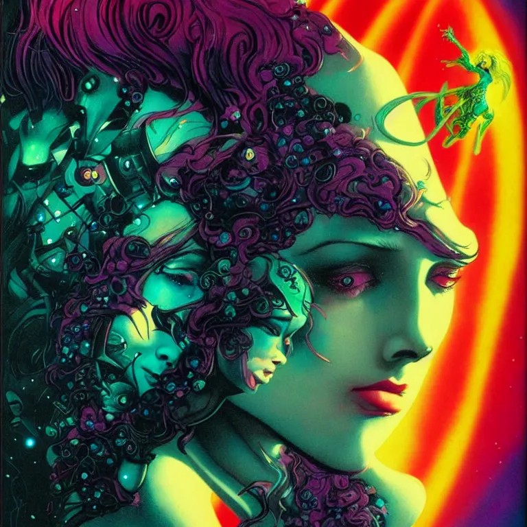 Image similar to cosmic maiden, head shot, mcu, realistic face, crystal, bright neon colors, highly detailed, cinematic, eyvind earle, tim white, philippe druillet, roger dean, lisa frank, aubrey beardsley