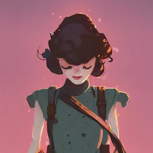 Image similar to Highly detailed portrait of a dieselpunk young lady with, freckles and wavy hair by Atey Ghailan, by Loish, by Bryan Lee O'Malley, by Cliff Chiang, by Greg Rutkowski, inspired by image comics, inspired by graphic novel cover art, inspired by nier!! Gradient color scheme ((grafitti tag brick wall background)), trending on artstation