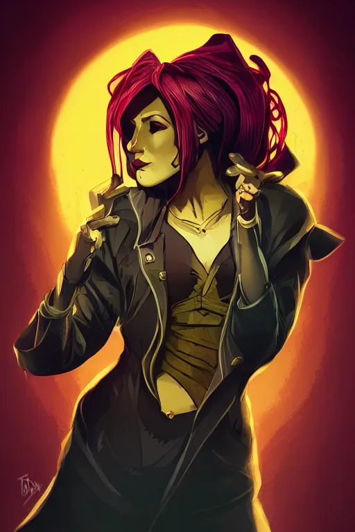 Prompt: cell shaded, head and shoulders, character art, religious, woman magician, dark background, dramatic bold gold lighting, solid colors and blacks, thick line art, dark shadows, sharp edges, artstation, photoshop, trending, bloom, grunge, high contrast, comic, graphic novel, dark background, digital 2 d, artstation, tim doyle, city of mist rpg