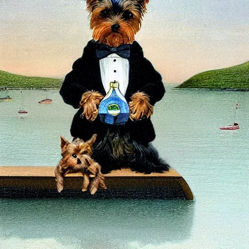 Prompt: a Yorkshire terrier wearing a black bow tie and drinking a bottle of champagne on a yacht in heaven, extremely detailed masterpiece, illustration, by Michael Sowa,