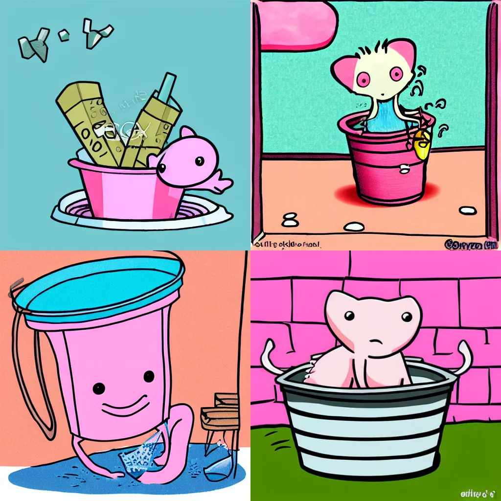 Prompt: pink axolotl in a bucket, cartoon, cute