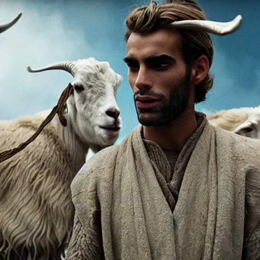 Prompt: Cinematic still of Jon Kortajarena dressed in Biblical Shepherd Clothing with a flock of goats, Biblical epic film dramatic angles, directed by Steven Spielberg