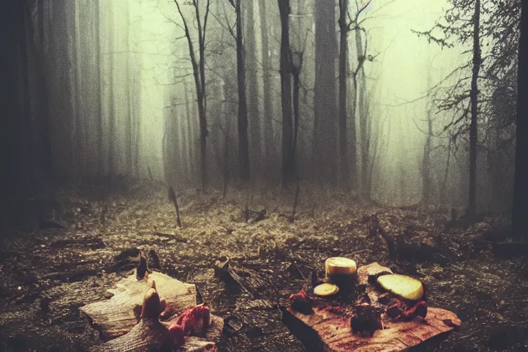 Image similar to terrible dark forest in the depths of which there is a thick butcher in a dirty shirt, chopping meat on a wooden stump, filmed hidden on a phone camera, Cinematic, wildlife photography, 35mm, photo on iphone