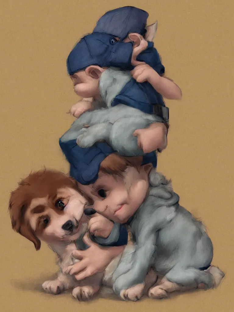 Image similar to boy hugging puppy by disney concept artists, blunt borders, rule of thirds