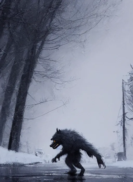 Image similar to jakub rozalski artstation, werewolf lurking in a snowstorm