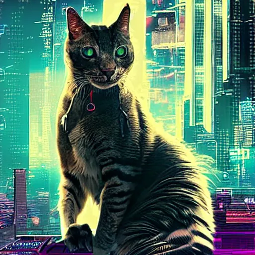 Image similar to cyberpunk cat, retro, movie poster