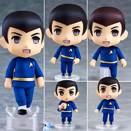 Prompt: spock from the tv series star trek as an anime nendoroid, doing his signatory handsign, serious look, pointed ears, spock haircut, starfleet uniform, detailed product photo