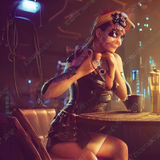 Image similar to a high quality portrait of a beautiful female pirate in a cyberpunk cafe realism 8k