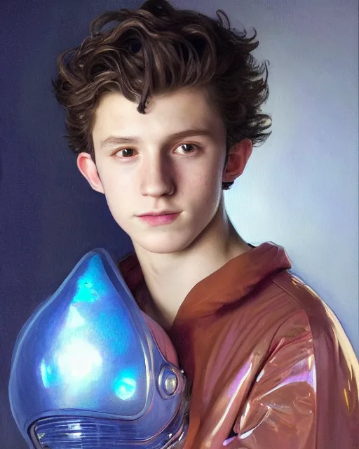 Prompt: a portrait painting of a shy, blushing 1 6 - year old tom holland or timothee chalamet, backlit, wearing a futuristic translucent iridescent plastic space suit with a space helmet, elegant, highly detailed, artstation, concept art, by krenz cushart and donato giancola and william adolph bouguereau and alphonse mucha