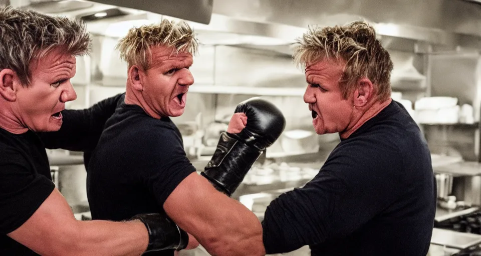 Image similar to photo of angry furious Gordon Ramsay punching Gordon Ramsay at the kitchen