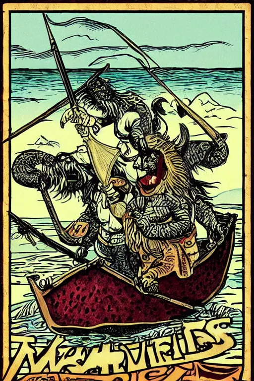 Prompt: “Poster of Vikings in a viking boat on the ocean fighting with sea monster. Retro caricature.”