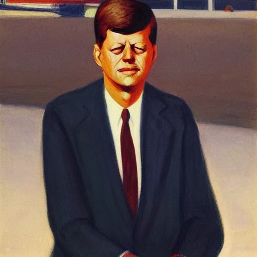 Image similar to portrait of john f kennedy, older, graying hair, standing on a beach, oil on canvas by edward hopper 1 9 8 0