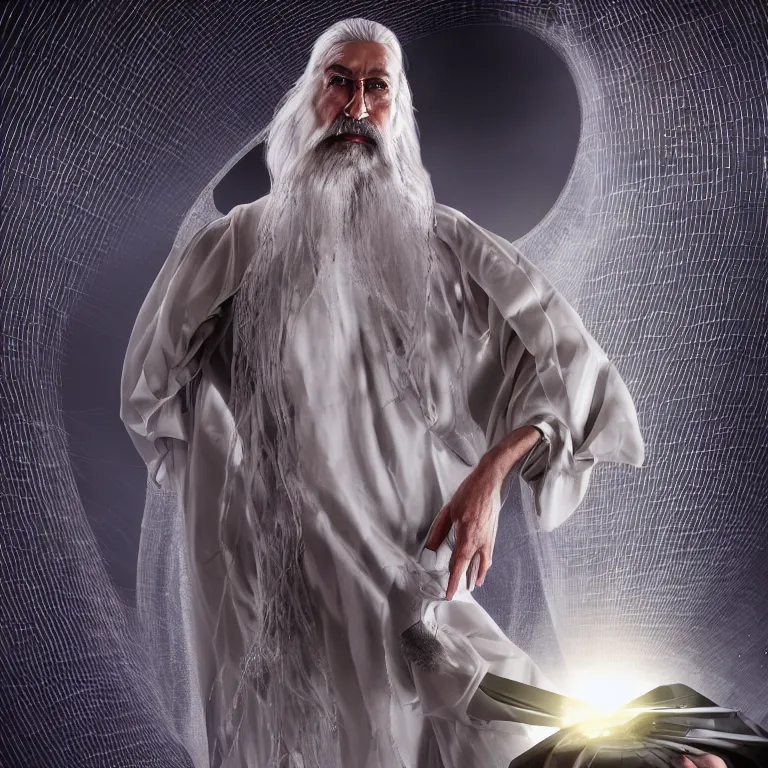 Image similar to high fashion photoshoot octane render portrait by wayne barlow and carlo crivelli and glenn fabry, a distinguished sci - fi futuristic handsome wizard with a long white beard wearing a clear plastic iridescent wizard robes and holding a magical adorable critter while standing inside a glowing ball of plasma energy inside a futuristic fantasy tower, very short depth of field, bokeh