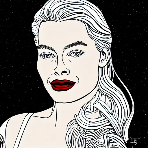 Image similar to detailed illustration of margot robbie in flat colour, by james jean, by yukio shimizu