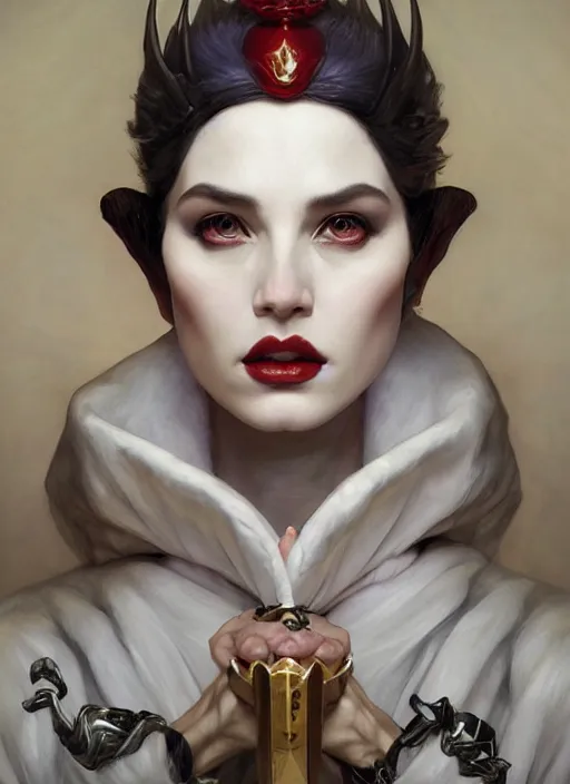 Prompt: queen demon white horns, elegant, wearing a bomber jacket, hyper realistic, extremely detailed, dnd character art portrait, fantasy art,, dramatic lighting, vivid colors, artstation, by edgar maxence and caravaggio and michael whelan and delacroix, lois van baarle and bouguereau