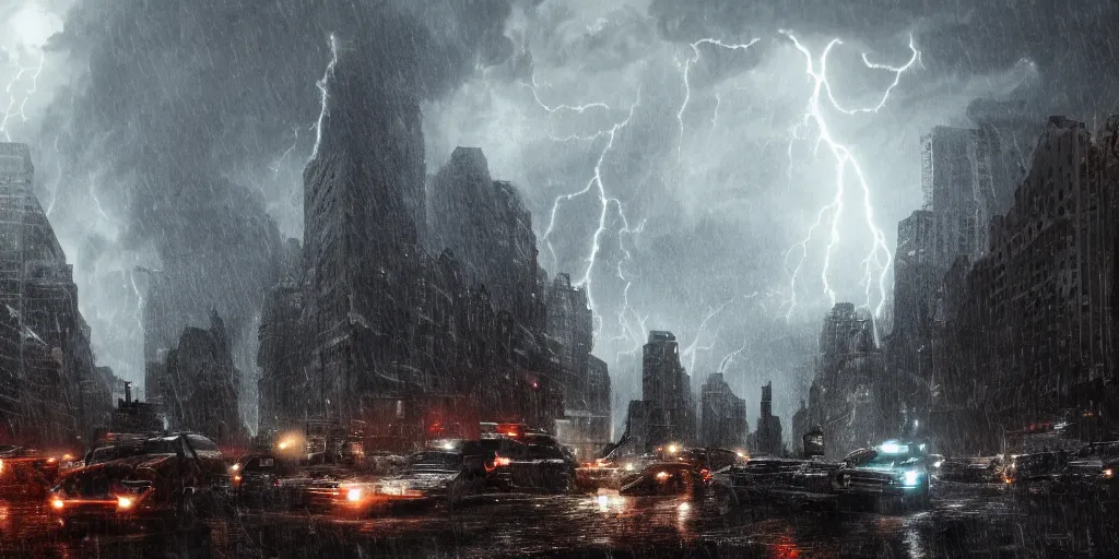 Image similar to An Eldritch monstrosity battling a modern military force in the ruins of New York during a thunderstorm. highly detailed, trending on artstation, gritty, cinematic lighting, 8k, wallpaper