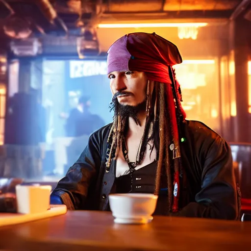 Image similar to a high quality portrait of a pirate in a cyberpunk cafe realism 8k