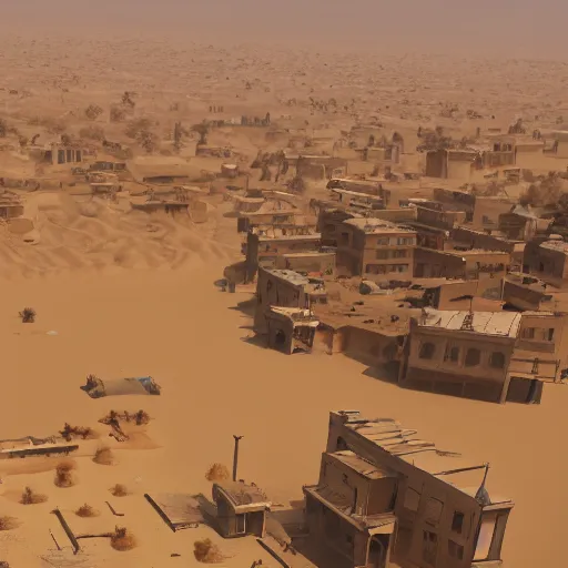 Prompt: drone shot of dusty old town in the middle of desert surrounded by sandstorm, scorching heat, sun, midday, concept art, sharp, artstation, cgsociety