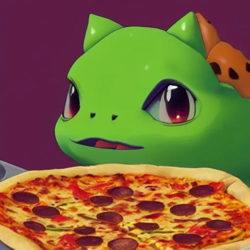 Image similar to bulbasaur eating pizza cinematic, hyper realism, high detail, 8k