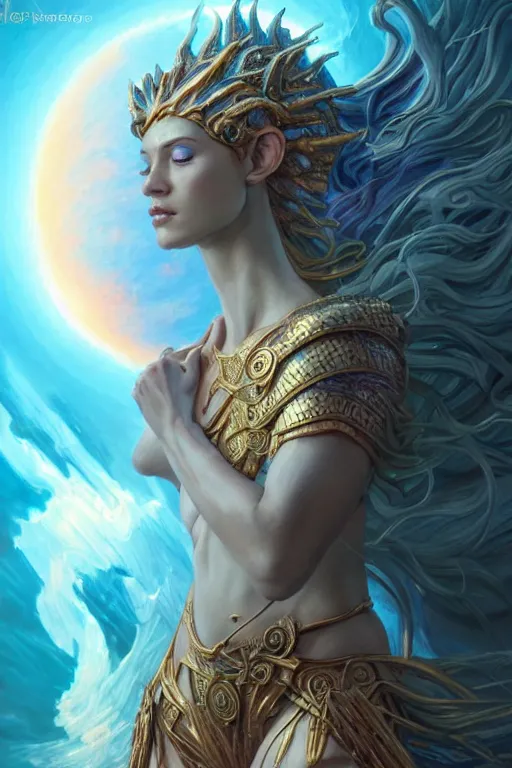 Image similar to a humanoid female god of the sun, highly detailed, d & d, fantasy, hyper detailed, digital painting, trending on artstation, apollo, concept art, sharp focus, illustration, highly saturated colors, art by artgerm and magali villeneuve and greg rutkowski and michael whelan, cryengine, 8 k realistic atmospheric lighting, frostbite 3 engine