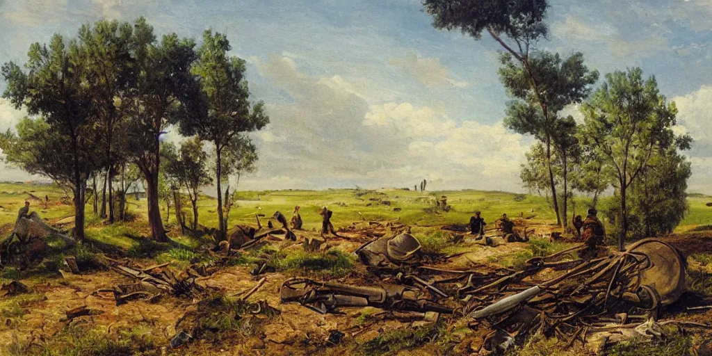 Image similar to landscape scene of an eastern front battlefield, summertime, distant destroyed smoking tank, sandbags, trenches, craters, romanticist oil painting