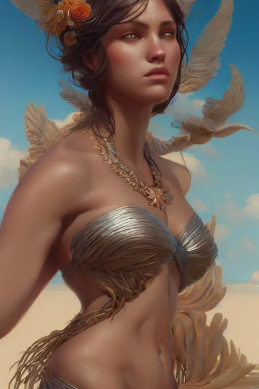 Image similar to goddess of the beach, highly detailed, digital painting, artstation, concept art, smooth, sharp focus, illustration, unreal engine 5, 8 k, art by artgerm and greg rutkowski and edgar maxence