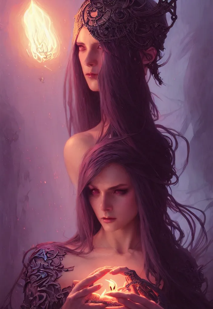 Image similar to Necromancer Sorceress, fantasy magic, undercut hairstyle, dark light night, intricate, elegant, sharp focus, illustration, highly detailed, digital painting, concept art, matte, art by WLOP and Artgerm and Greg Rutkowski and Alphonse Mucha, masterpiece