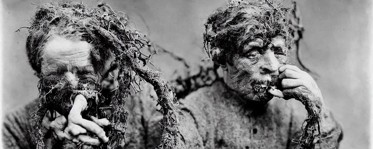 Prompt: 1920s portrait photography of alpine old farmer transforming into a monster, roots growing out of his face