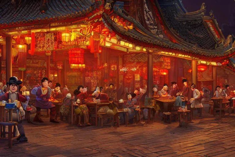 Image similar to fantasy art of a bustling tavern in china, at night, by pixar, highly detailed digital art, trending on artstation