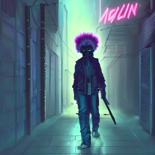 Prompt: digital painting of a teenage Synthwave aesthetic albino lion in a dark rainy cyberpunk alleyway while holding a long dagger and wearing a dark cyan neon glowing black cloak reflecting on the wet pavement trending on artstation, cinematic lighting