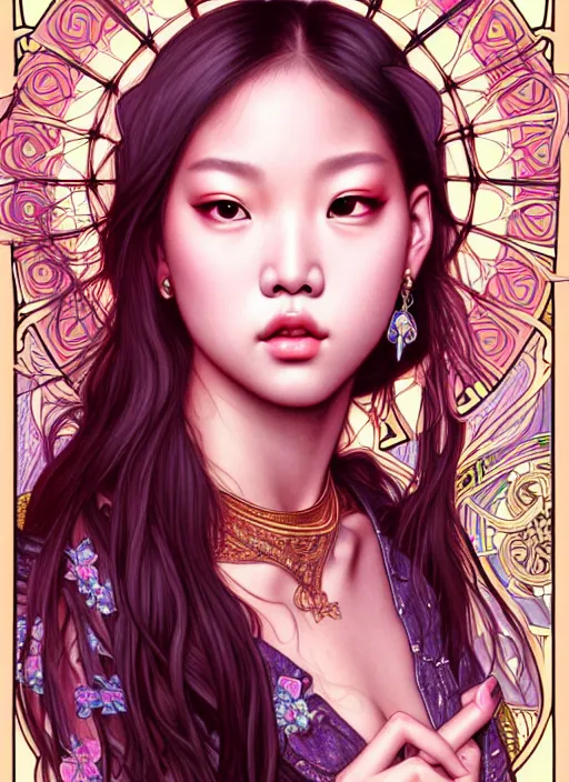 Image similar to jennie manoban of blackpink, tarot card, highly detailed, digital painting, smooth, sharp focus, illustration, ultra realistic, 8 k, art by artgerm and alphonse mucha