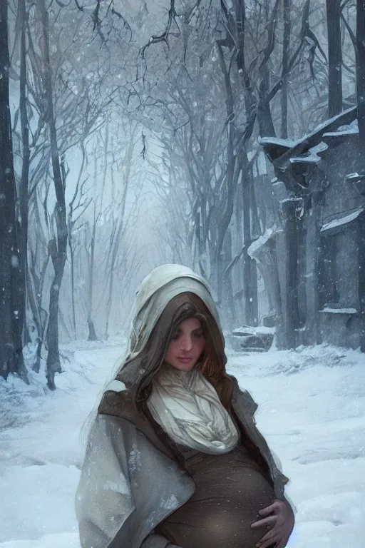 Image similar to portrait of a pale and sad pregnant woman in the besieged Leningrad in winter, digital painting, artstation, concept art, smooth, sharp focus, illustration, art by artgerm and greg rutkowski and alphonse mucha