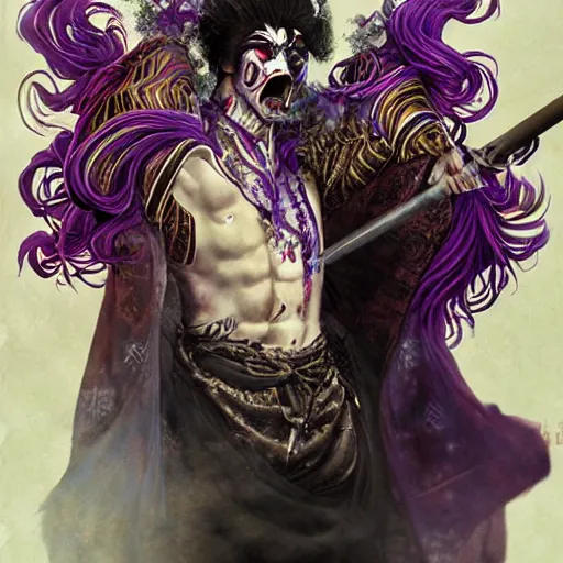 Image similar to portrait of an insane kabuki man wielding a spear covered in a distorting aura, intricate purple hakama, poofy red wig, eerie, highly detailed, dark fantasy, shallow depth of field, art by artgerm and greg rutkowski