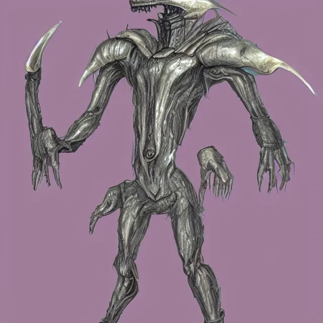 Image similar to a semi-humanoid alien creature that is 20 ft tall, the creature is able to control electricity, it has armor-like shell on it's arms and feet, digital art