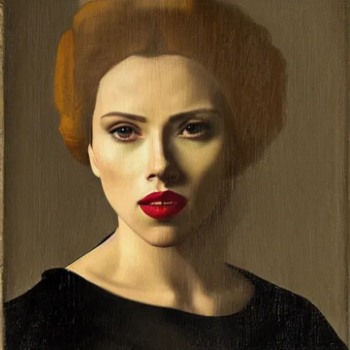 Image similar to A portrait of Scarlett Johansson painted by Johannes Vermeer