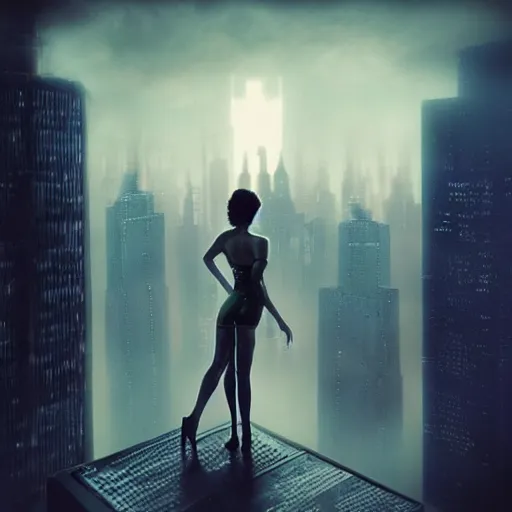 Image similar to “ girl standing on a roof looking down at a foggy futuristic new york city below, ghostpunk, blade runner, cyberpunk, pinup, storm clouds, very detailed, by gil elvgren ”