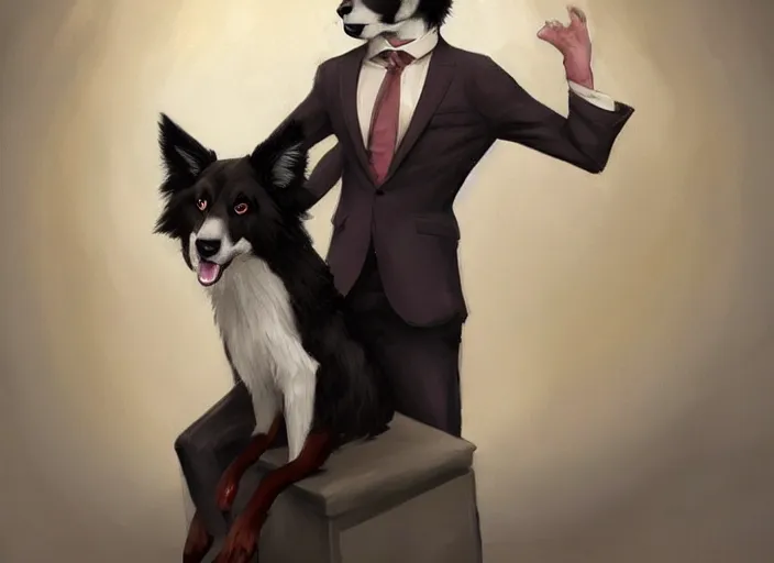 Image similar to wide angle beautiful full body portrait of a strong male anthropomorphic anthro border collie fursona in a suit sitting in a parlor room, character design by charlie bowater, henry asencio, and ross tran, disney, scenic background, detailed, aesthetic, trending on artstation, furaffinity, deviantart