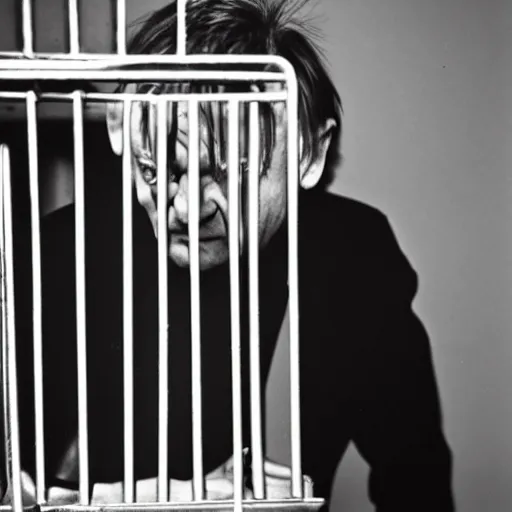 Prompt: mark e smith in a small cage marked for sale