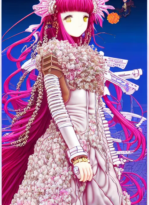 Image similar to highly detailed artstation vaporwave katsuhiro otomo fluorescent fantastic fate manga poster of princess mechine, minaba hideo,, long hair, armor, laces, ruffles, 8 k, maximalist, art nouveau,