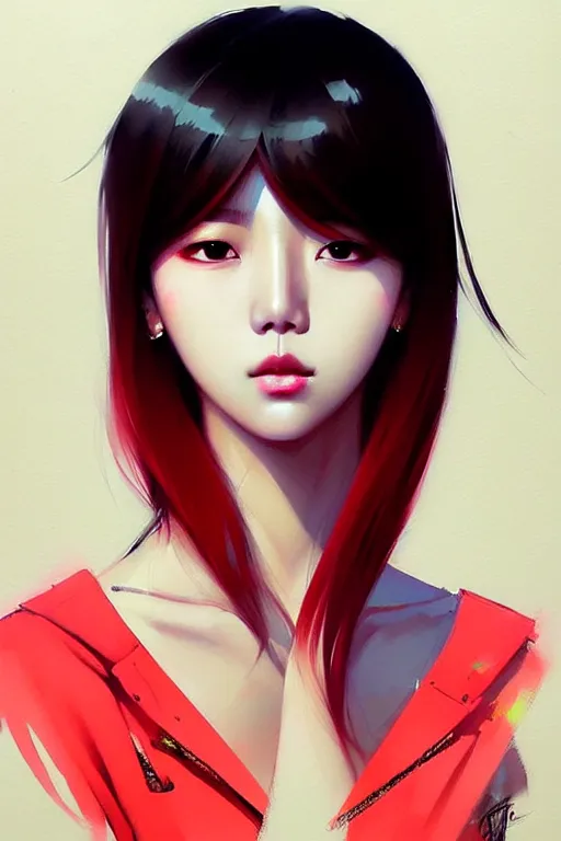 Image similar to a ultradetailed beautiful painting of a stylish k - pop girl, by greg rutkowski, conrad roset and ilya kuvshinov trending on artstation