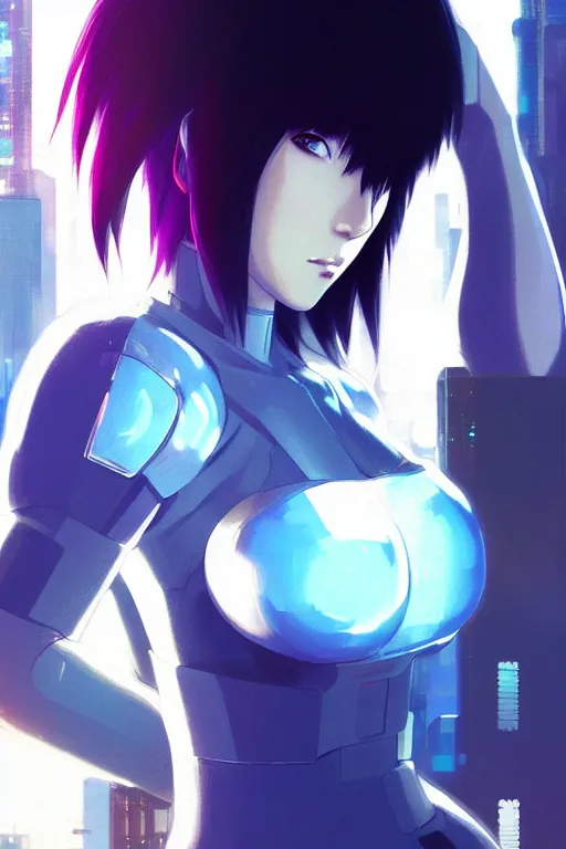 Image similar to a still fullbody portrait of motoko kusanagi ghost in the shell, finely detailed features, closeup at the faces, perfect art, at a cyberpunk city, gapmoe yandere grimdark, trending on pixiv fanbox, by ilya kuvshinov, rossdraws, artgerm