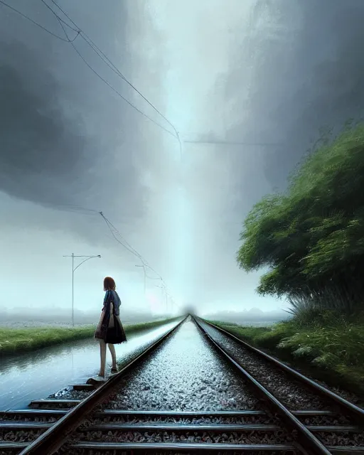 Prompt: submerged train tracks, reflective water, wide horison, girl walking and carrying shoes, train station in the distance, large white clouds, intricate, elegant, highly detailed, digital painting, artstation, concept art, smooth, sharp focus, illustration, art by artgerm and greg rutkowski and fra angelico