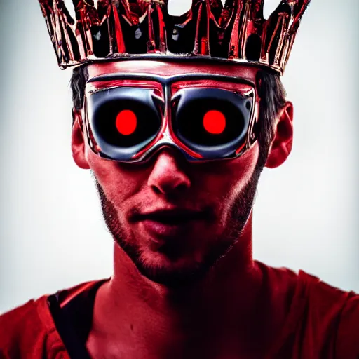Prompt: man with a crown, smirk, photograph, black backgrounds, glowing red eyes, cyberpunk