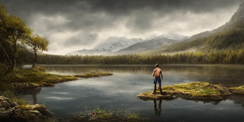 Image similar to beautiful landscape of small lake at midday with distant mountains and close - up of a symmetric detailed man in realistic detailed medieval armor, ultra realistic, highly detailed, hd, sharp focus, cinematic lighting, realistic, vivid colors, gritty, matt painting, digital art, non blurry, sharp, artstation, concept art, smooth, illustration