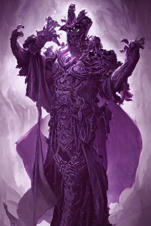 Image similar to portrait of hulking herculean ainz ooal gown undead lich, from overlord, warlock purple robes, magical electricity, upper body, fantasy, intricate, elegant, highly detailed, digital painting, artstation, concept art, sharp focus, illustration, art by artgerm and greg rutkowski and alphonse mucha