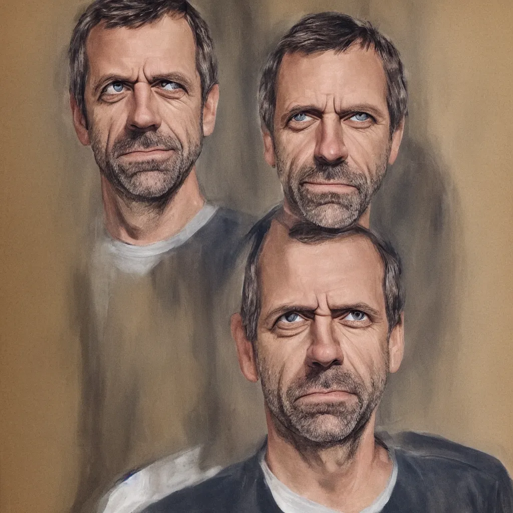 Prompt: Dr. House with grumpy face looking at the camera, portrait