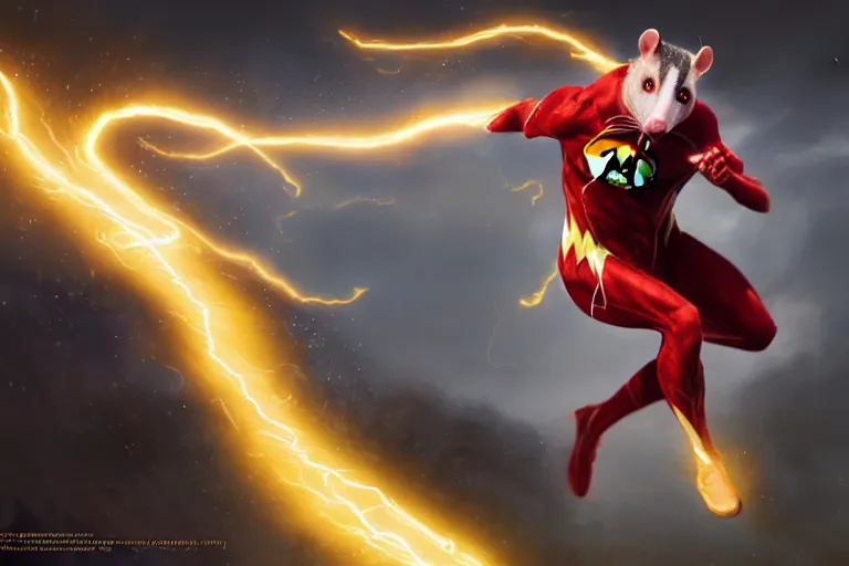 Image similar to a stunning digital painting of a opossum as the flash in spandex costume, running in the speedforce by greg rutkowski, volumetric light, digital art, fine detail, photorealistic