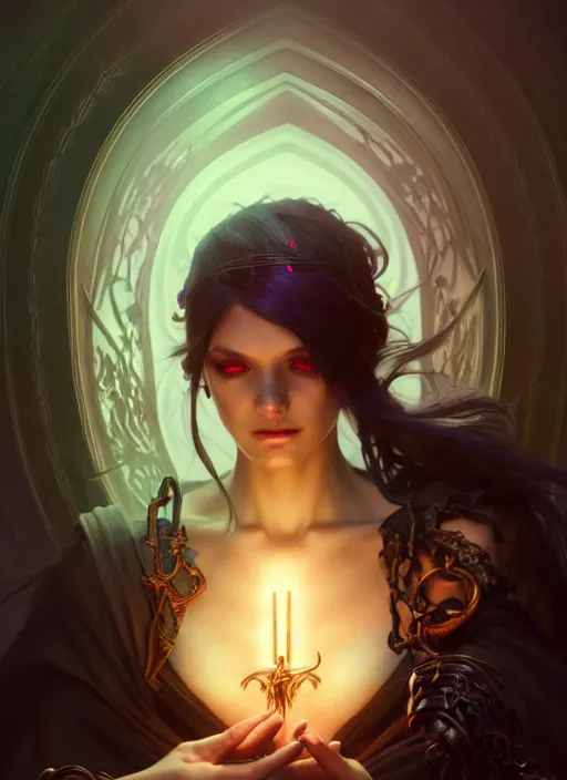 Image similar to Necromancer Sorceress, fantasy magic, undercut hairstyle, dark light night, intricate, elegant, sharp focus, illustration, highly detailed, digital painting, concept art, matte, art by WLOP and Artgerm and Greg Rutkowski and Alphonse Mucha, masterpiece